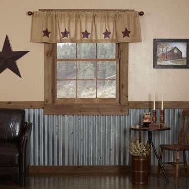 Burlap w/Burgundy Stencil Stars Valance Curtain 16x72 - The Fox Decor